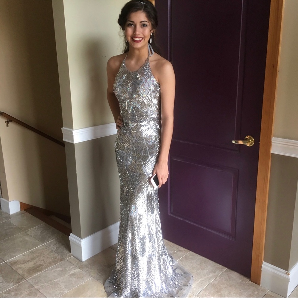 Mon Cheri Silver Sequined Prom Dress - Picture 4 of 10